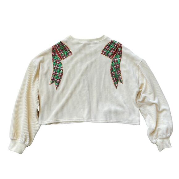 Peach Love California M Sequin Plaid Bow Top | Holiday Party Pullover NWOT - Picture 5 of 9
